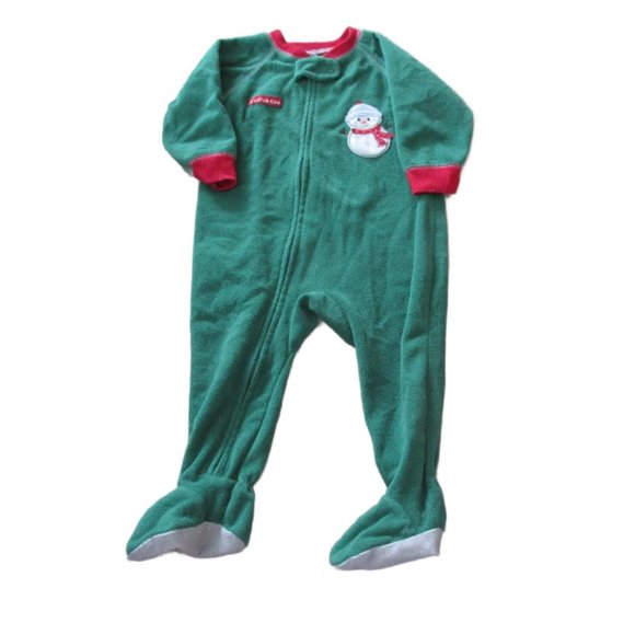 Carters Just One Year Zip Up‎ Footed Christmas Sleeper Boys 12M Green Snowman - Picture 1 of 6